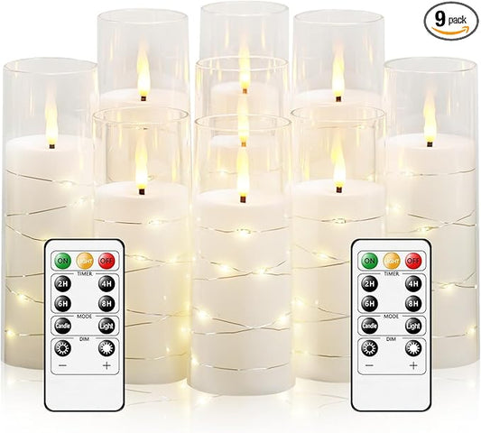 Flameless LED Candles with Timer 9 Pc Flickering Flameless Candles for Romantic Ambiance and Home Decoration Stable Acrylic Shell,with Embedded Star String，Battery Operated Candles（White）