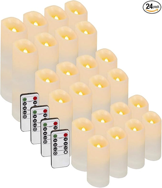 Enido 24 Pc Flameless LED Candles with Remote & Timer, Outdoor Waterproof, Flickering Electric Warm Lights for Cozy Home & Holiday Romantic Decor, Battery Operated (D 2.2” x H 4”/5”/6”