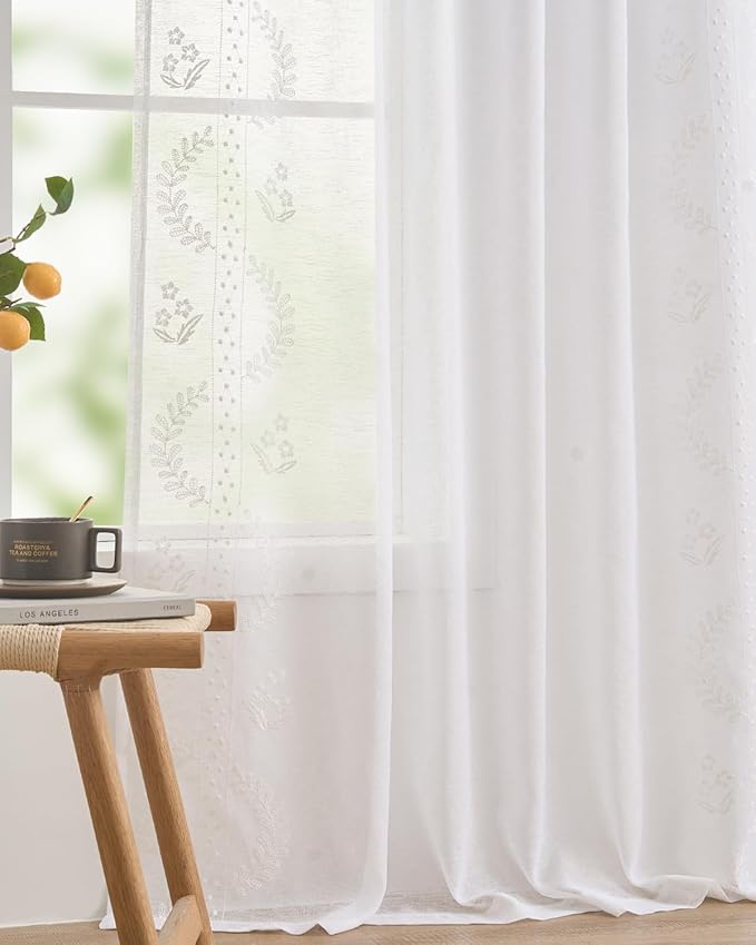 jinchan Belrose Linen Sheer Curtains for Living Room 96 Inch Length Sheer Voile Embroidered Floral Curtains for Bedroom Light Filtering Rod Pocket Window Treatments Farmhouse Decor 2 Panels White