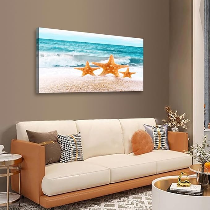 Beach Canvas Wall Art for Living room Office Bedroom Ocean Wall Art Print Oil Paintings Modern Sea Waves Starfish Pictures Blue Wall Decor Artwork Waterproof Ready to Hang - 20in * 40inch