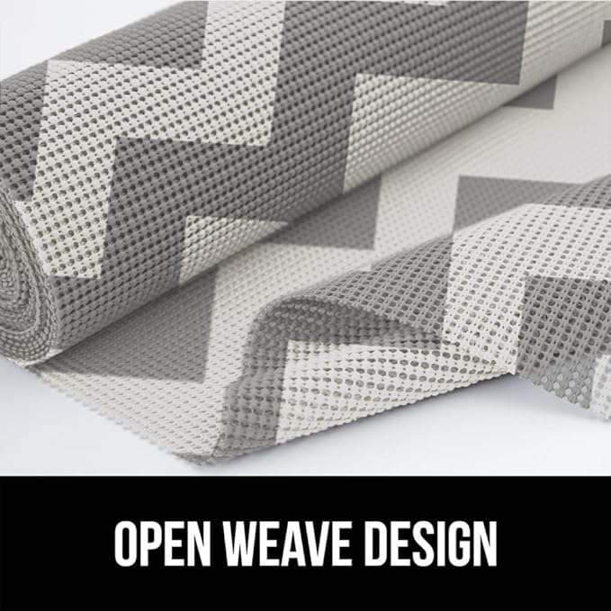 GORILLA GRIP powerGRIP Drawer Shelf and Cabinet Liner, Thick Strong Hold, Non-Adhesive Liners Protect Kitchen Cabinets and Cupboard, Bathroom Drawers, Easy Install, Breathable Mat, 12" x10' Gray White