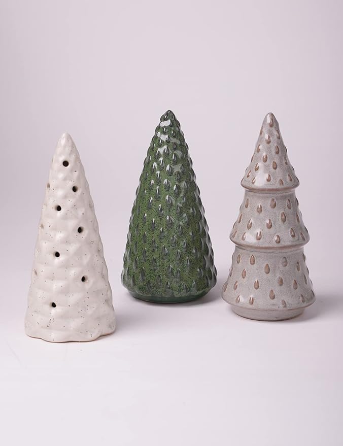 HAUCOZE 3pcs Christmas Figurine Decor Tree Statue Modern Sculpture Home Gifts Table Centerpiece Crafts Ceramic Arts 5.9inch