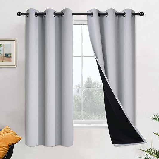Yakamok 100% Blackout Curtains for Bedroom 63 Inch Length, 2 Thick Layers Thermal Insulated Grommet Total Blackout Drapes with Black Liner for Living Room (42Wx63L,Light Grey, 2 Panels)