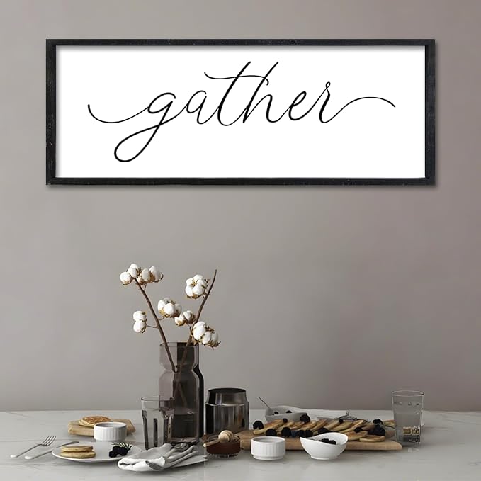Surfapans Dining Room Wall Decor Gather Sign 32"×12" for Family Gathering Rustic Farmhouse Kitchen Vintage Simple Large Modern Plaque Wood Framed Home Horizontal Hanging Art (Black)