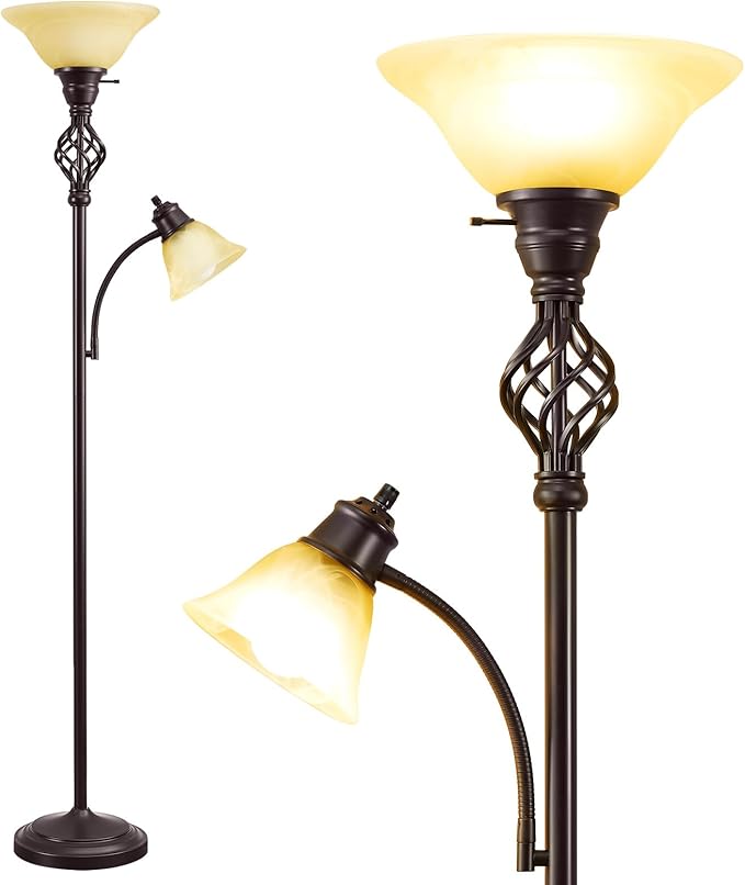 Torchiere Floor Lamp for Living Room, LED Standing Reading Light for Bedroom with Glass Shade for Living Room Corner Bedroom Home Office,Bulbs Included (Yellow Lampshade, Glass 2 Head)