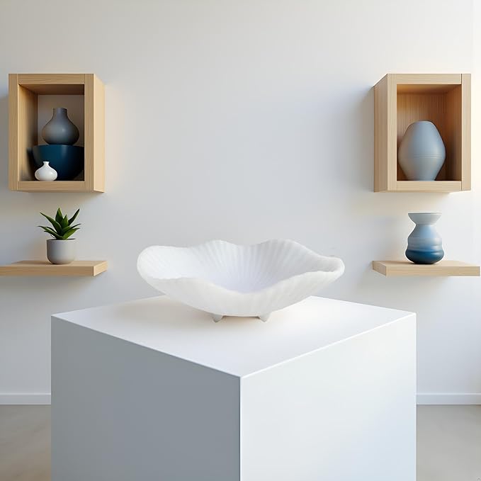 Large Decorative Bowl decor, Scalloped Pedestal Bowls,Modern Home Decor,Ruffle Decor,Stylish Key Bowl for Entry Table,Decorative Fruit Bowl for Kitchen Counter, Artificial Stone Milky white