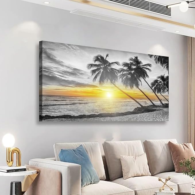 Beach Wall Art Bedroom Wall Decor Living Room,Ocean Canvas Wall Art Office Farmhouse Paintings Artwork Modern Golden Sunshine Black and White Sea Wall Art Prints Pictures 20 * 40inch