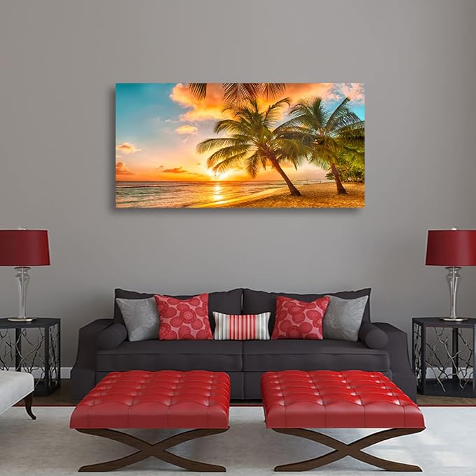Beach Themed Wall Art Canvas Prints Seascape Picture Bathroom Décor Ocean Tree Sunset Paintings for Living Room Bedroom Office Home Kitchen Decorations 24x48 Wooden Framed Natural Landscape Artwork