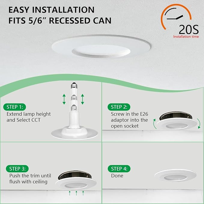 Soliseed 4-Pack 5/6 Inch 5CCT Retrofit LED Recessed Lighting,Selectable 2700K/3000K/3500K/4000K/5000K Adjustable Retrofit Downlight,12W=60W,800LM,Dimmable Can Lights,Bevel Trim