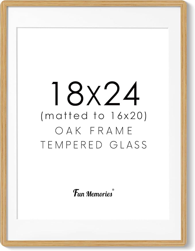 18x24 Picture Frame for Wall, 18 by 24 Wood Frame, Made of Solid Oak Wood & Tempered Glass, 18 x 24 Frame Matted to 16x20, Rustic 18 by 24 Poster Frame,18x24 Art Frames, Natural Oak Color, 1 Pack