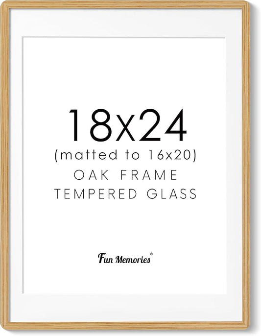 18x24 Picture Frame for Wall, 18 by 24 Wood Frame, Made of Solid Oak Wood & Tempered Glass, 18 x 24 Frame Matted to 16x20, Rustic 18 by 24 Poster Frame,18x24 Art Frames, Natural Oak Color, 1 Pack
