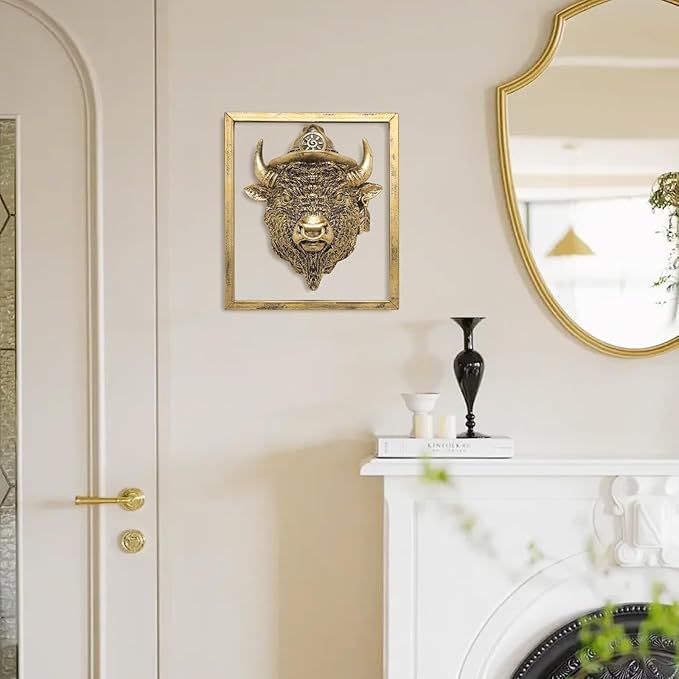 Animal Heads Wall Decor (Includes Metal Frame) Resin Animals Sculptures Head Wall Hanging Decoration Gold vintage Wall Sculpture for Living Room Bedroom Office (American Bison)