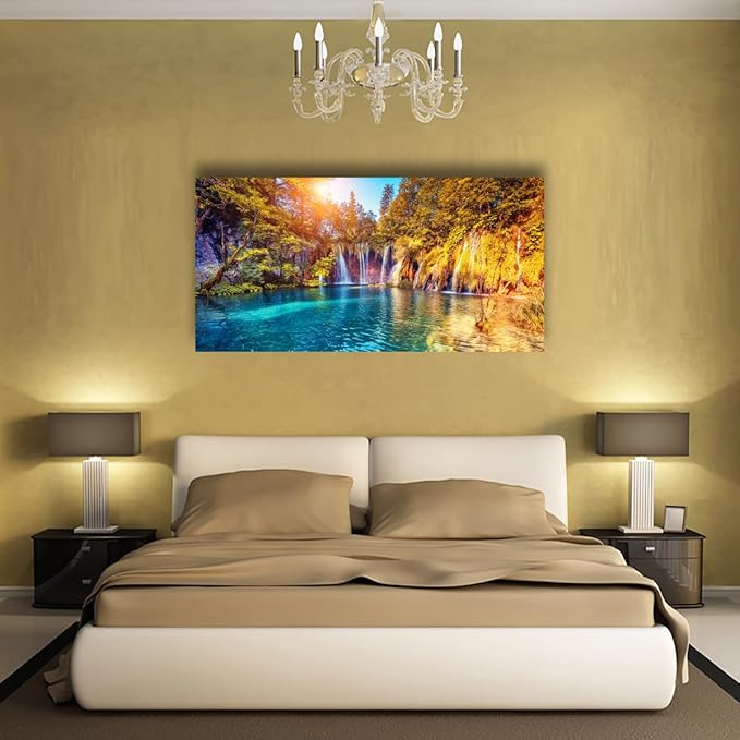 Lake Water Pictures Canvas Wall Art for Living room Bedroom Wall Decor,Waterfall Wall Art Print Paitnings for home Decor,Morden Artwork Sunset Tree Canvas Art Waterproof Stretched Ready to