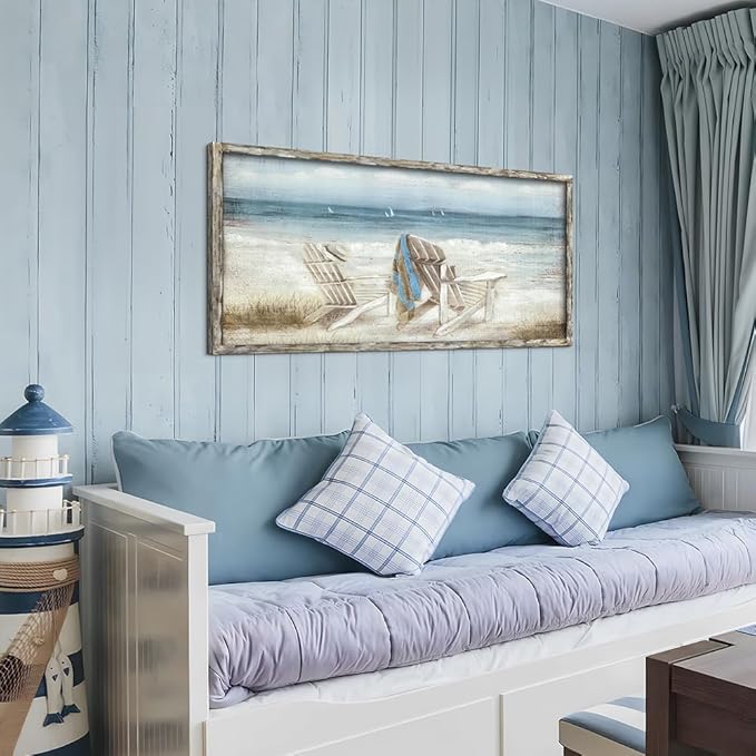 Coastal Abstract Seascape Canvas Wall Art Beach Chair on Sand Painting Artwork Print for Bedroom Living Room(60"*30")