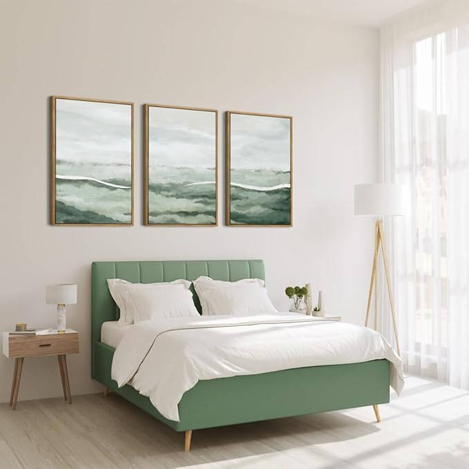 ANHUIB Green Wall Art 16x24 Inch Large Canvas Wall Art Abstract Watercolor Wall Decor Misty Landscape Art Prints Framed Neutral Paintings Set of 3 for Living Room Bedroom Ofice