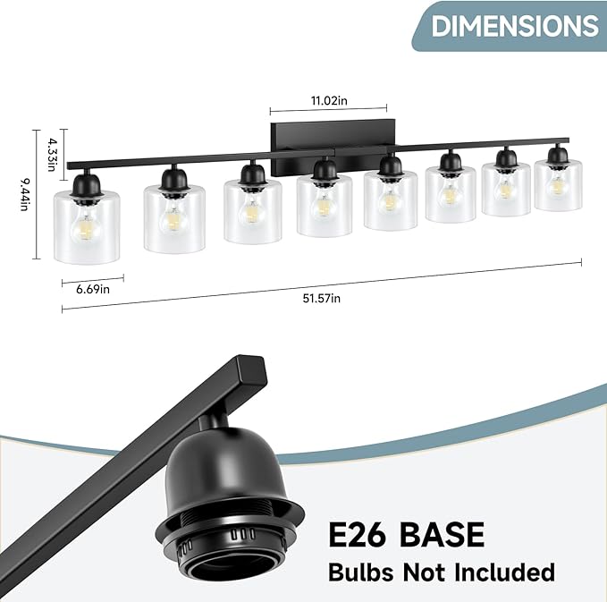 8 Light Black Bathroom Light Fixtures Over Mirror, Modern Bathroom Lighting with Clear Glass,51 inch Lights for Vanity for Oversized Mirrors, E26 Base