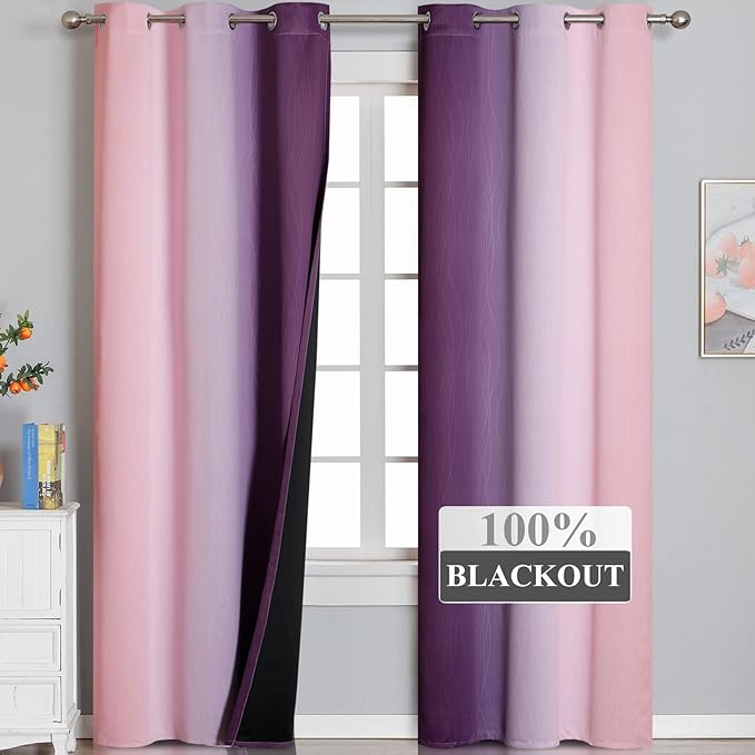 Ombre Pink and Purple Blackout Curtains 84 Inches Long, Full Room Darkening Curtains for Bedroom, Completely Light Blocking Grommet Thermal Insulated Gradient Drapes for Kids Room,42x84 Inch, 2 Panels