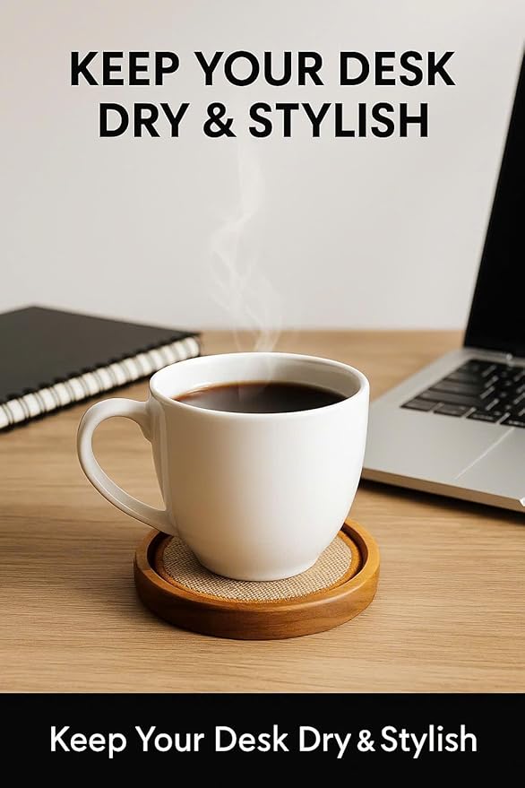 Wooden Coasters Set of 4 with Holder – 3.9" Acacia Drink Coasters with Water Groove & Non-Slip Base – Rustic Farmhouse Coffee Table Decor – Gift for Home, Bar, Wedding, Housewarming