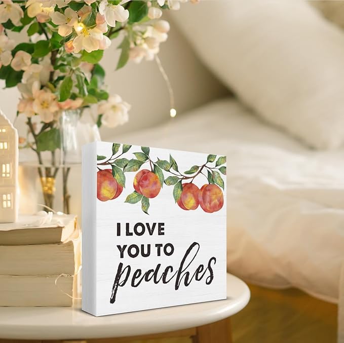 I Love You to Peaches Wooden Box Sign Peach Bathroom Decor, Peachy Love Quote Wood Sign for Farmhouse Home Bathroom Kitchen Desk Shelf Table Decorations 5 X 5 Inch