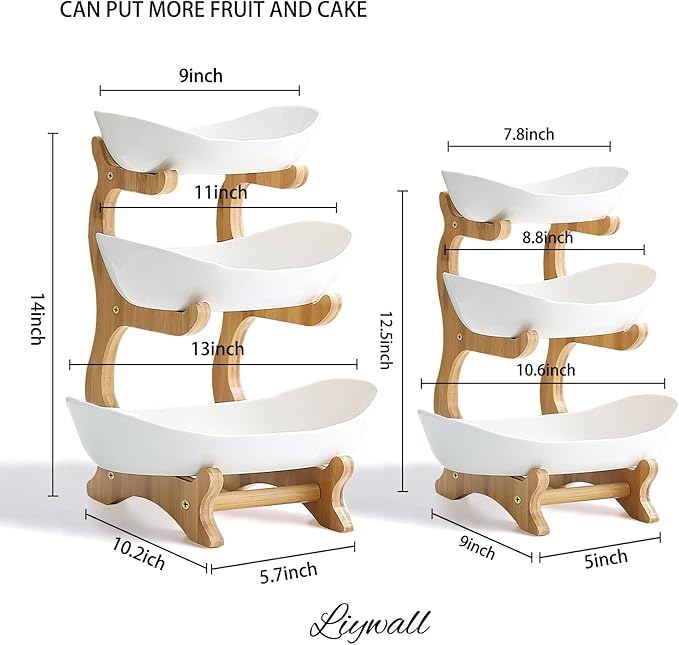 Large 3 Tier Ceramic Fruit Bowl With Bamboo Wood Stand for Kitchen Counter,Porcelain Fruit Basket for Fruit Storage,Snack Dessert Cake Tray Plate Rack for Party Wedding - Big White