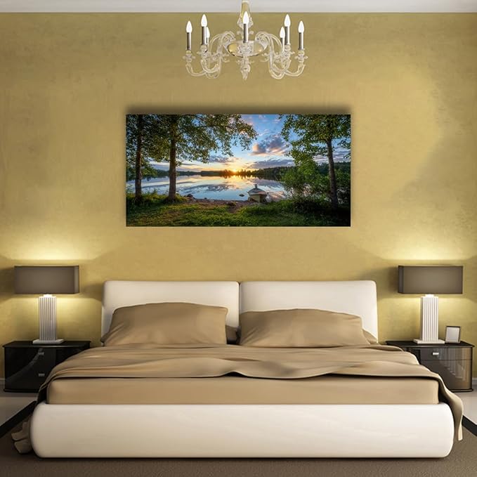 Tree Canvas Wall Art of a Sunrise Over a Forest Lake 20x40inches Nature Inspired Painting Perfect for Wall Decoration in Living Room and Bedroom Trees and Landscape Picture Artwork Prints