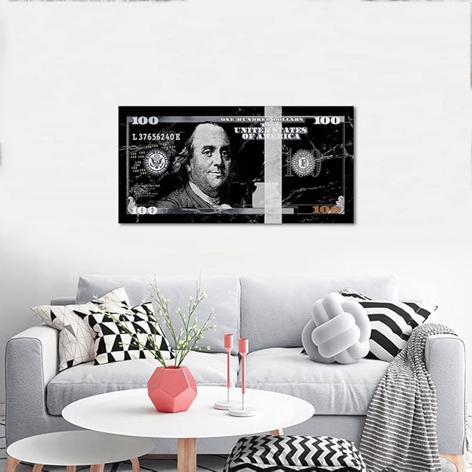 Modern Home Office Artwork Motivational Framed Benjamin Franklin 100 USD Dollar Artwork Black and White Nordic Western Paintings for Living Room Bedroom Wall Decor Wooden Framed Easy to Hang-40"Wx20"H