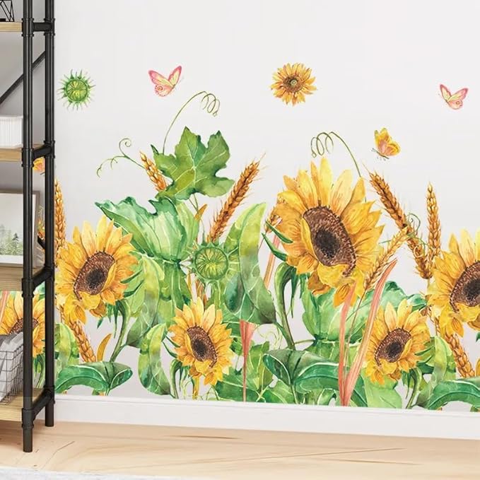 12x36 Inch Set - Sunflower Themed Floral Wall Decals for Decor, Self Adhesive Vinyl for Home Decor for Nursery, Home, (Floral Design #5)