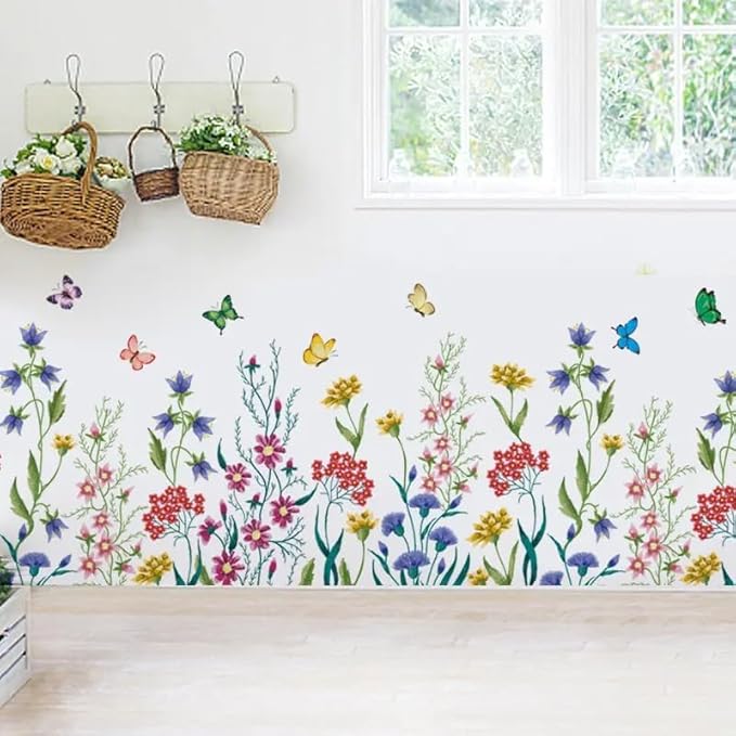 12x70 Inch Set - Flower Plants Butterflies Wall Stickers for Wall Decor, Self Adhesive Vinyl for Home Wall Nursery and Kitchen Decor-Gift for Christmas, Birthday (Floral Design #3)