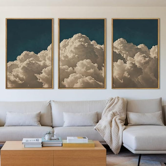 IARTTOP Extra Large Cloud Canvas Wall Art 24x36 Inch Framed Abstract Modern Landscape Wall Decor Navy Blue Sky Painting Set of 3 for Bedroom Living room
