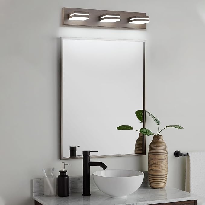 SineRise LED Modern Bathroom Vanity Light Fixtures (3-Light, 24-Inch), Brown Wood Painted Modern Acrylic Bathroom Wall Lighting Fixtures Over Mirror (Cool White 6000K)