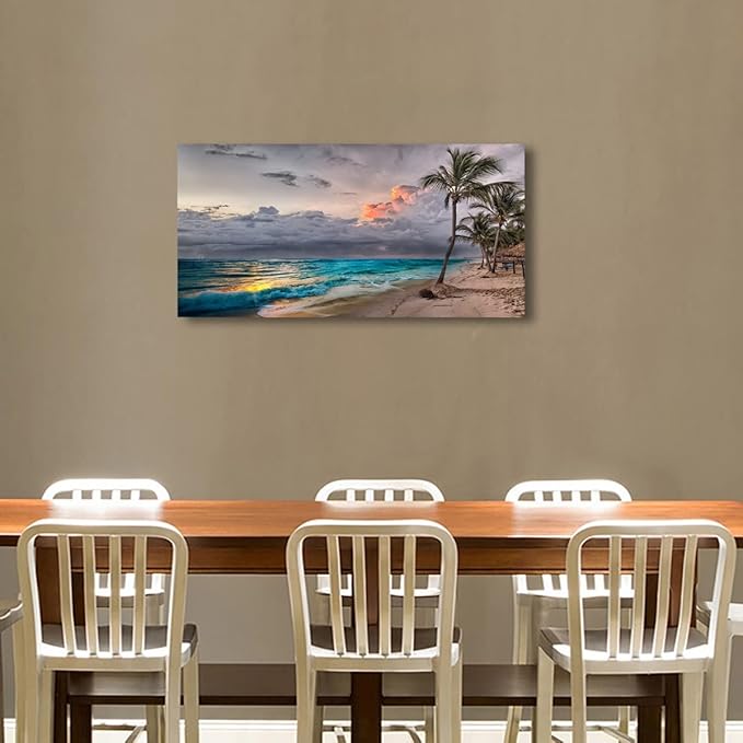 Beach Themed Wall Art Canvas Prints Seascape Poster Bathroom Décor Ocean Coconut Tree Landscape Paintings for Bedroom Dining Room Home Kitchen Decorations Natural Artwork 24x48 Picture Frame Wood