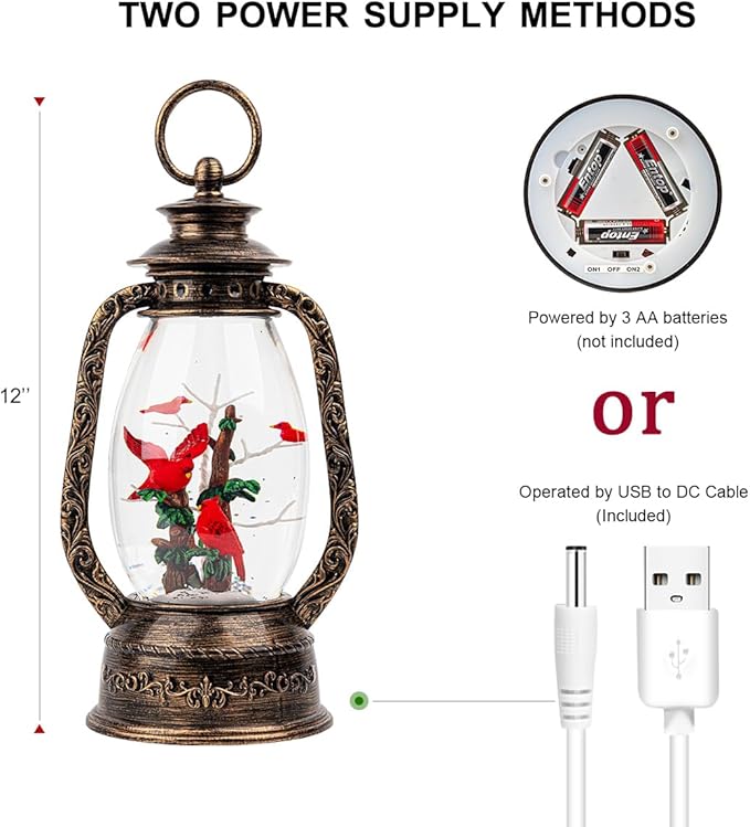 12'' Lighted Cardinals Snow Globe Lantern, Music Water Lantern with Swirling Glitter Decoration for Christmas Home, Living Room, Battery Operated or USB Powered