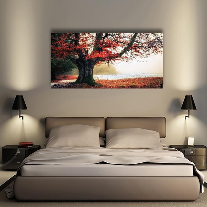 Stunning Nature Landscape Wall Art - 20x40 inches Canvas Artwork of Sunrise Forest Scenery with Red Leaves. Perfect Wall Decoration for Living Room, Bedroom and More