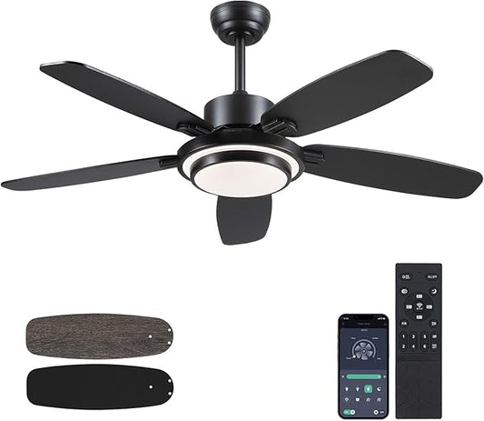 Ceiling Fans with Lights,50“ Modern Black Ceiling Fan and Remote/APP Control,5 Dual Finish Blades Dimmable 3-Color LED Fandelier for Indoor Dinning Room,Bedroom