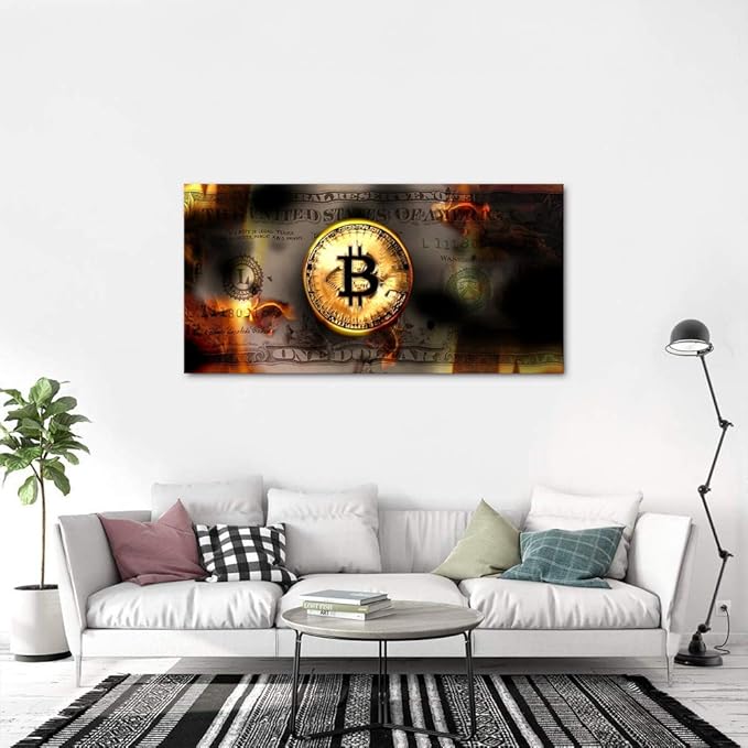 Yatsen Bridge Motivational Dollar Money Artwork Burning Bitcoin and Dollar Wall Art Framed Art Ready to Hang-48x24 inches