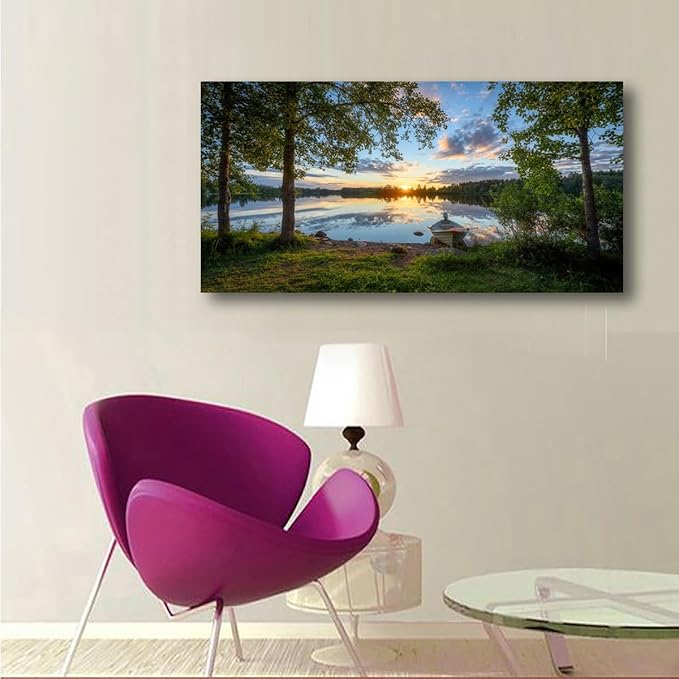 Tree Canvas Wall Art of a Sunrise Over a Forest Lake 28x57 inches Nature Inspired Painting Perfect for Wall Decoration in Living Room and Bedroom Trees and Landscape Picture Artwork Prints