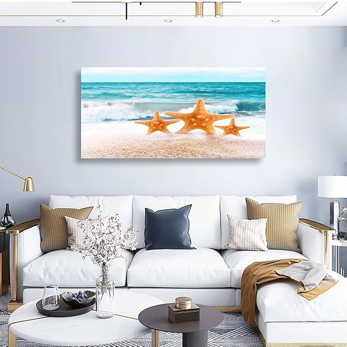 Beach Canvas Wall Art for Living room Office Bedroom Ocean Wall Art Print Oil Paintings Modern Sea Waves Starfish Pictures Blue Wall Decor Artwork Waterproof Ready to Hang - 20in * 40inch