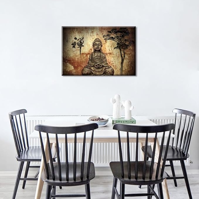 Piy Painting Buddha Canvas Wall Art for Living Room Bedroom Home Decoration, Peaceful Buda Statue Picture Print Painting Decor Giclee Artwork, Gallery Wrapped Gift, Inner Frame 24x36 IN