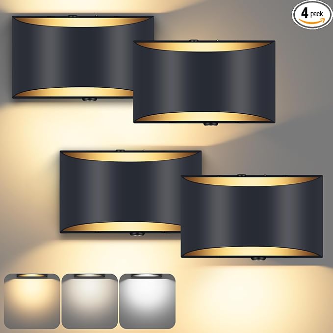 Battery Operated Wall Sconces Set of 4, Black Rechargeable Wireless Remote & Touch Control Wall Lamps, 3 Color Temperatures, Timer Cordless Dimmable Light for Bedroom, Living Room, Hallway