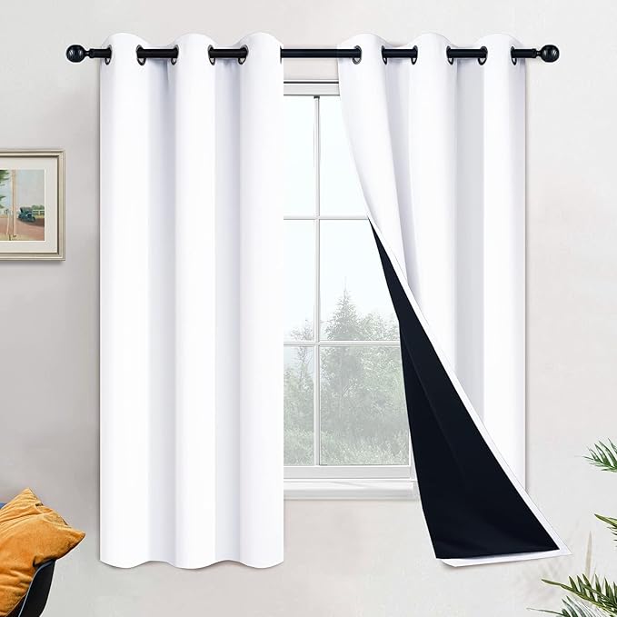 Yakamok Full Blackout Curtains 63 Inches Long,Blackout Curtain Panels for Bedroom, 2 Thick Layers Grommet Top Thermal Insulated Drapes with Black Liner for Living Room(42Wx63L, Pure White, 2 Panels)