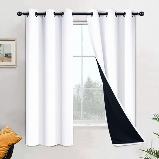 Yakamok Full Blackout Curtains 63 Inches Long,Blackout Curtain Panels for Bedroom, 2 Thick Layers Grommet Top Thermal Insulated Drapes with Black Liner for Living Room(42Wx63L, Pure White, 2 Panels)