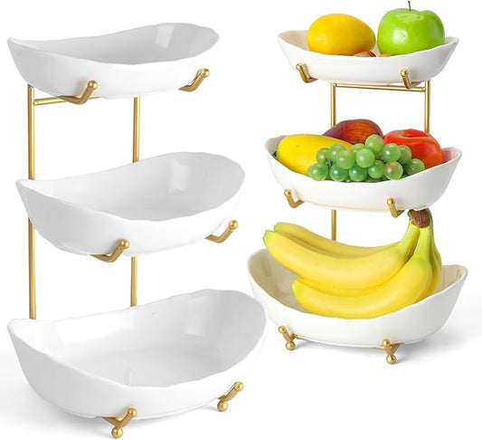 3 Tier Ceramic Fruit Bowl Basket for Kitchen Counter, Fruit Serving Bowls with Metal Stand, Tiered Fruit Basket for Fruit Vegetable Storage, Snack, Nuts, Cake, Dessert - Gold
