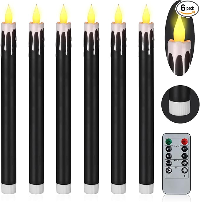 Flameless Taper Candles 10.6" Dripless Battery Operated Taper Candles Included Remote Timer 400+ Hours by 2AA Batteries for Halloween Christmas Wedding (Black+White, 6 Pack)