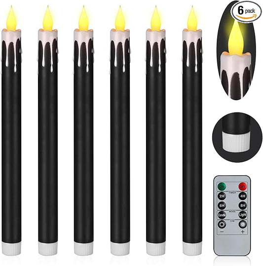 Flameless Taper Candles 10.6" Dripless Battery Operated Taper Candles Included Remote Timer 400+ Hours by 2AA Batteries for Halloween Christmas Wedding (Black+White, 6 Pack)