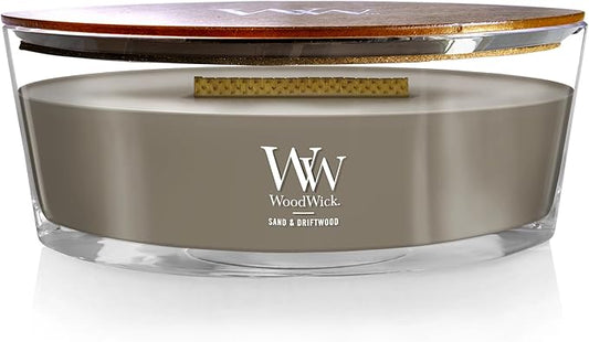WoodWick Ellipse 16oz Candle Sand & Driftwood Scent Crackles as it Burns Premium Soy Blend Wax Up to 50 Hours Burn time Perfect for Gifting
