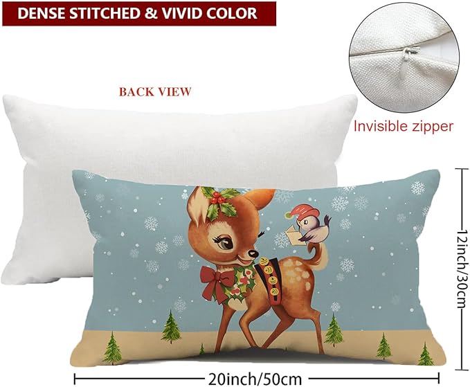 Blue Linen Christmas Pillow Covers - 12x20 Inch, Winter Deer Xmas Throw Pillows - 12 Pack, Outdoor Couch Home Decor