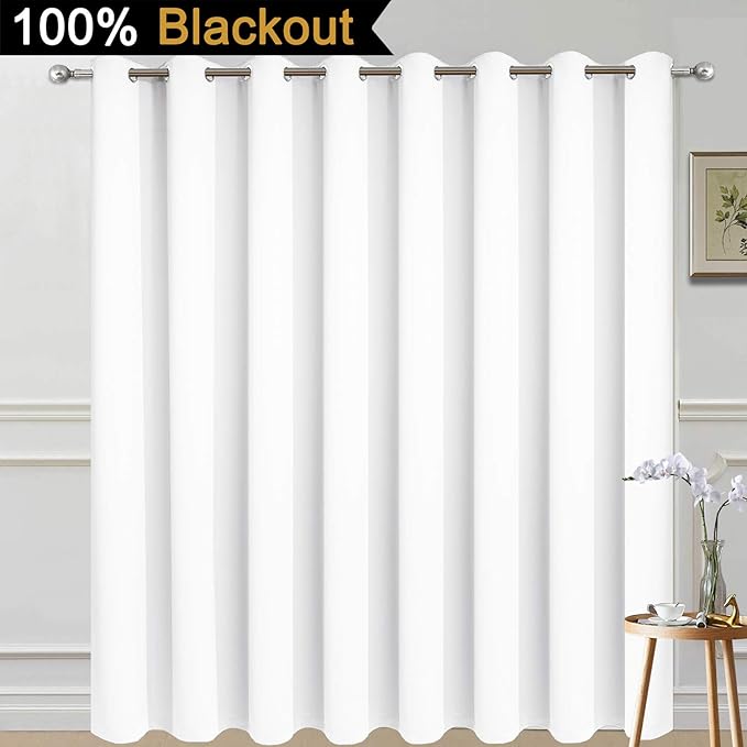 Yakamok Total Blackout Extra Wide Patio Sliding Door Curtains, Grommet Thermal Insulated Blind Curtains, Sliding Glass Door Panel for Living Room/Space Room Divider, Pure White, W100 x L96, 1 Panel