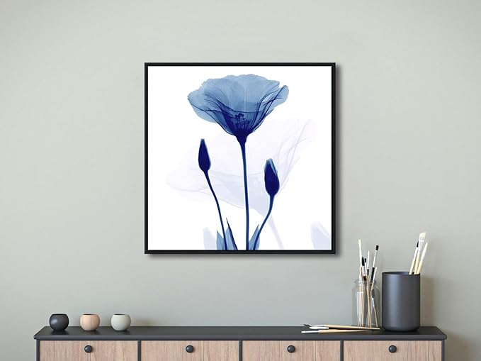 Pyradecor Large Black Framed Canvas Wall Art Abstract Blue Flickering Flower Modern Grace Floral Pictures Paintings Artwork for Bedroom Office Home Decorations