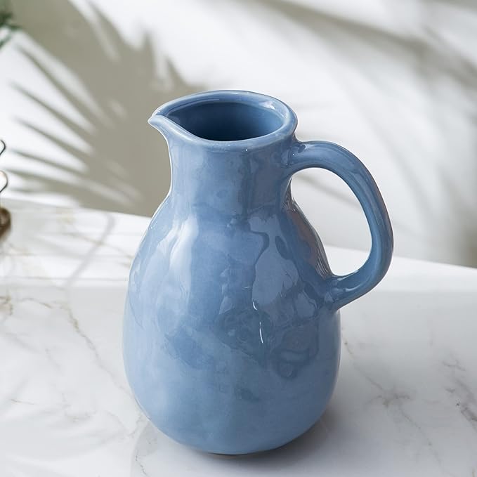 Kimdio Blue Ceramic Vase with Handle, Modern Pitcher Vase for Home Decor, Nordic Pottery Vase, Decorative Flower Vase, Clay Vase, Centerpieces for Living Room
