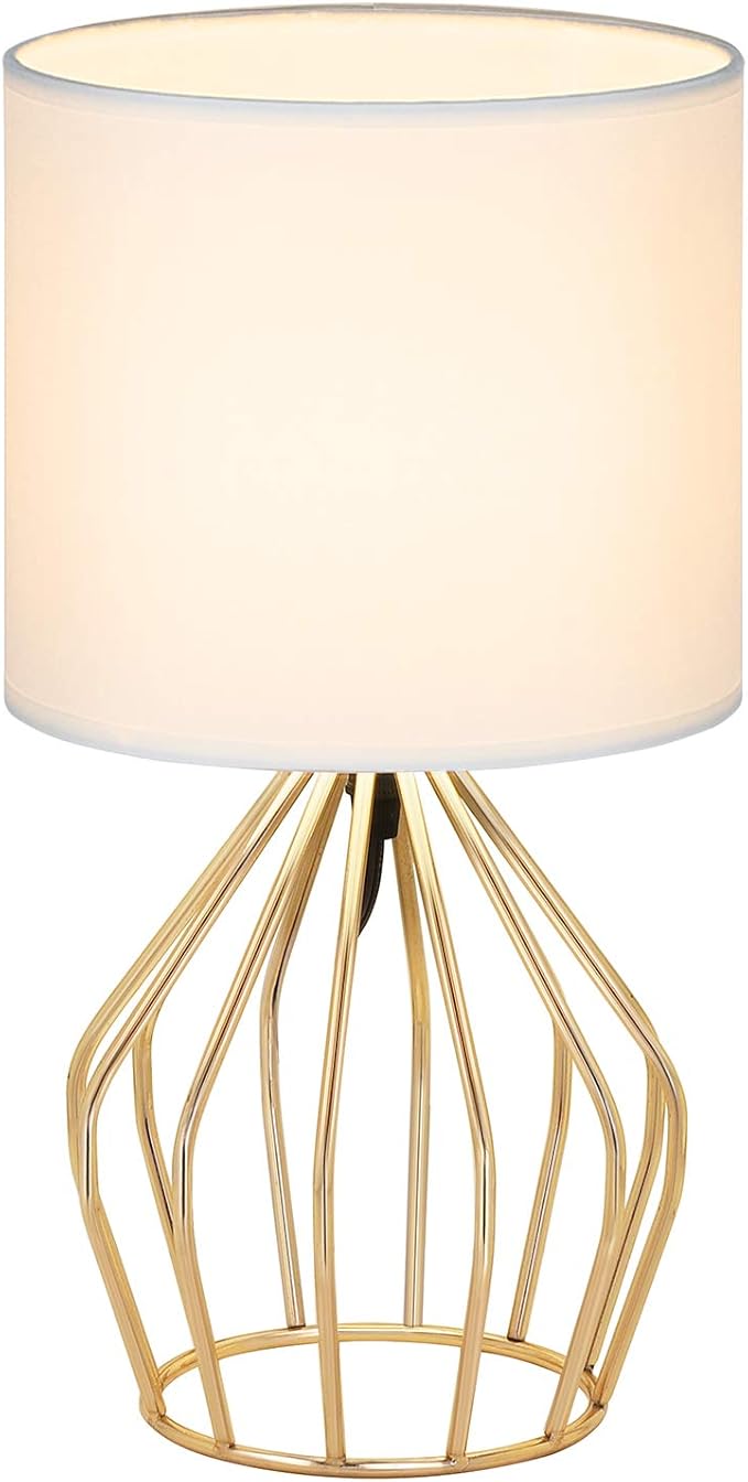 HAITRAL Gold Table Lamp - Modern Style Desk Lamp with Hollowed Out Base Linen Fabric Shade, Small Golden Bedside Lamp for Bedrooms, Living Room